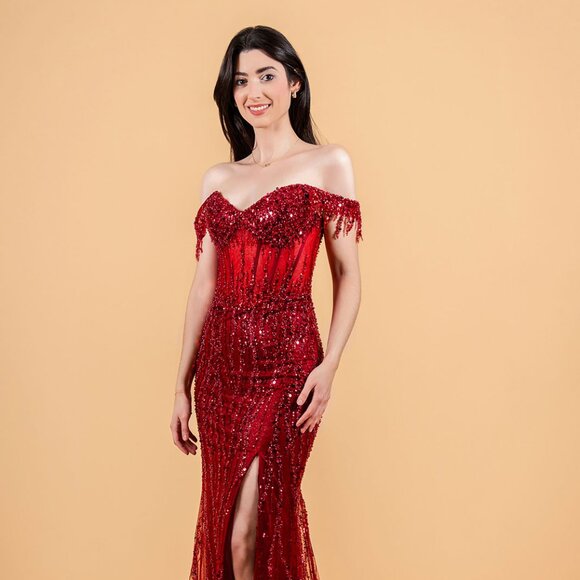 New Elegant Off Shoulder Tulle Dress w/ Beads Embroidery & Sheer Bodice GL3620 - Picture 4 of 15